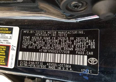 2012 Toyota Camry Se из США, поврежденный, VIN 4T1BF1FKXCU177038